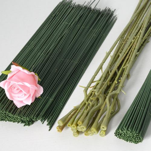 仿真玫瑰花枝杆直杆弯杆婚礼插花铁丝网花配件diy插花束材料批发